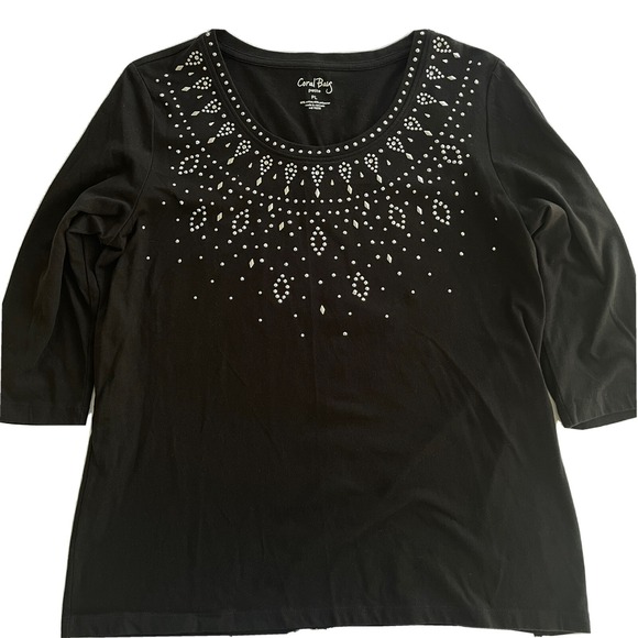 Coral Bay Petite Large‎ Black Top Embellished 3/4 Sleeve Stretch - Picture 1 of 7